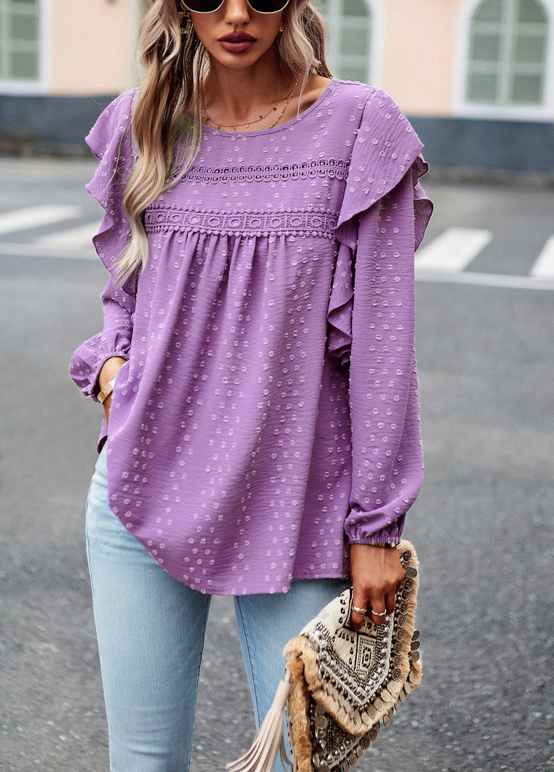 Lace Eyelet Ruffle Shoulder Long Sleeve Blouse