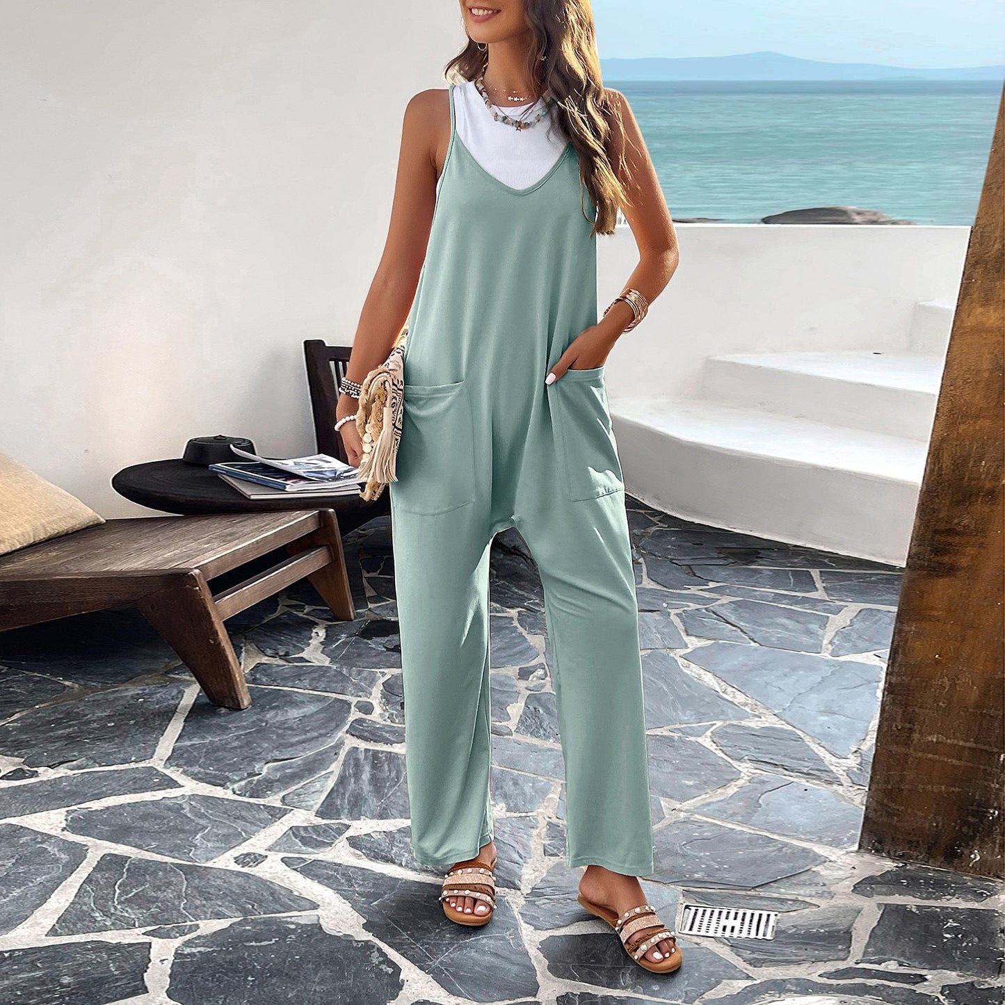 V Neck Loose Pockets Cami Jumpsuit