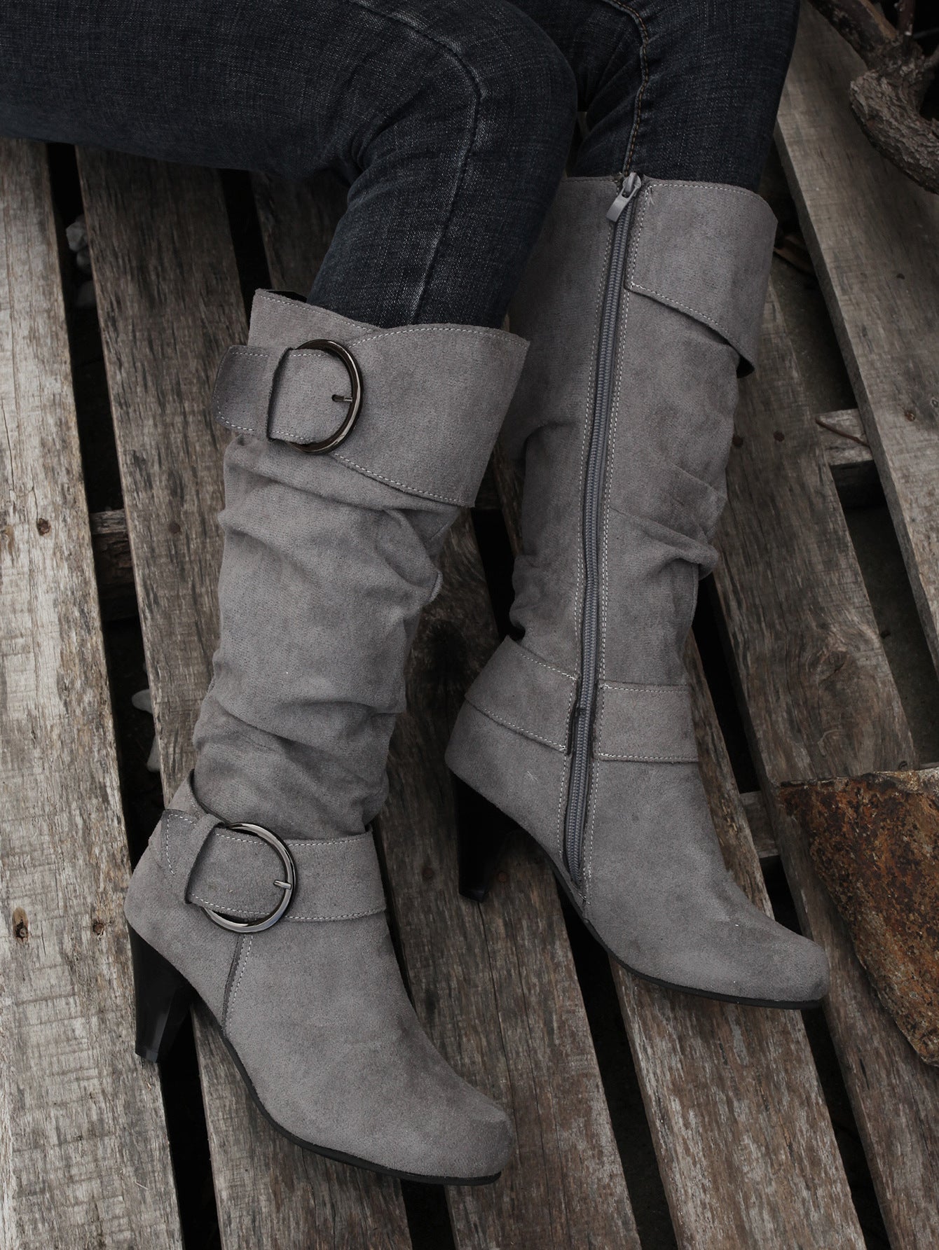 Pointed Toe Buckle Decor Zipper Heeled Boots