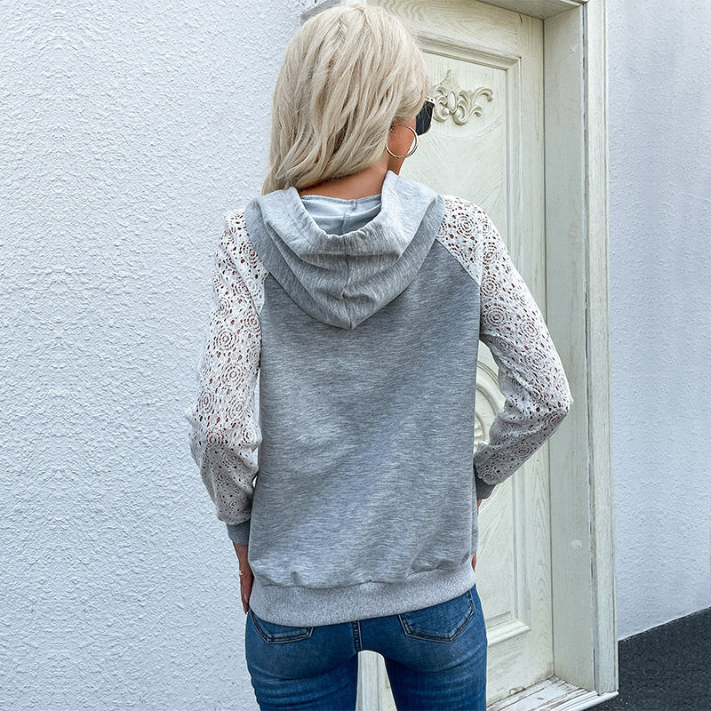 Gray Lace Hollow Panel Hooded Sweatshirt