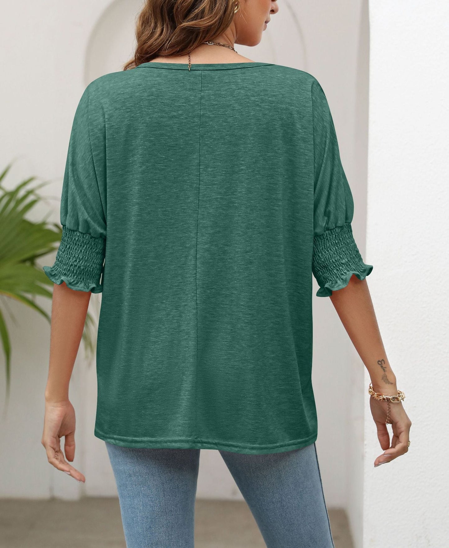 Plain Smocked 3/4 Sleeve Casual Loose T Shirt