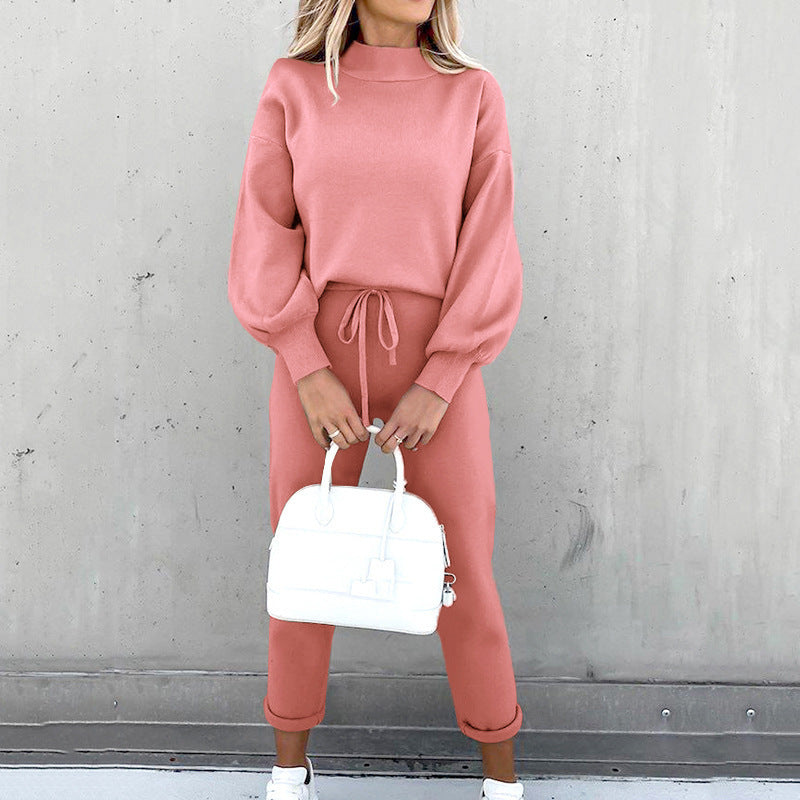 Solid Color High Collar Casual Top+pants Two-piece Set