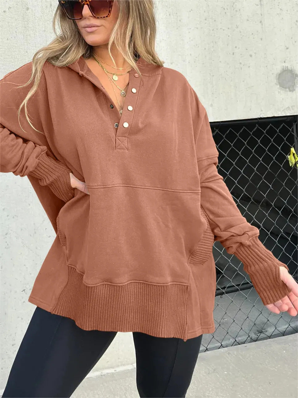 Buttoned V-neck Hooded Top