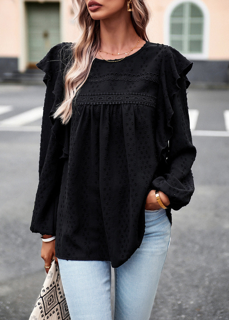 Lace Eyelet Ruffle Shoulder Long Sleeve Blouse