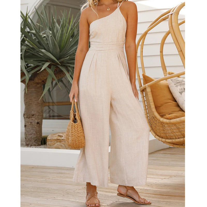 Asymmetric Thin Straps One-shoulder Wide Leg Jumpsuit