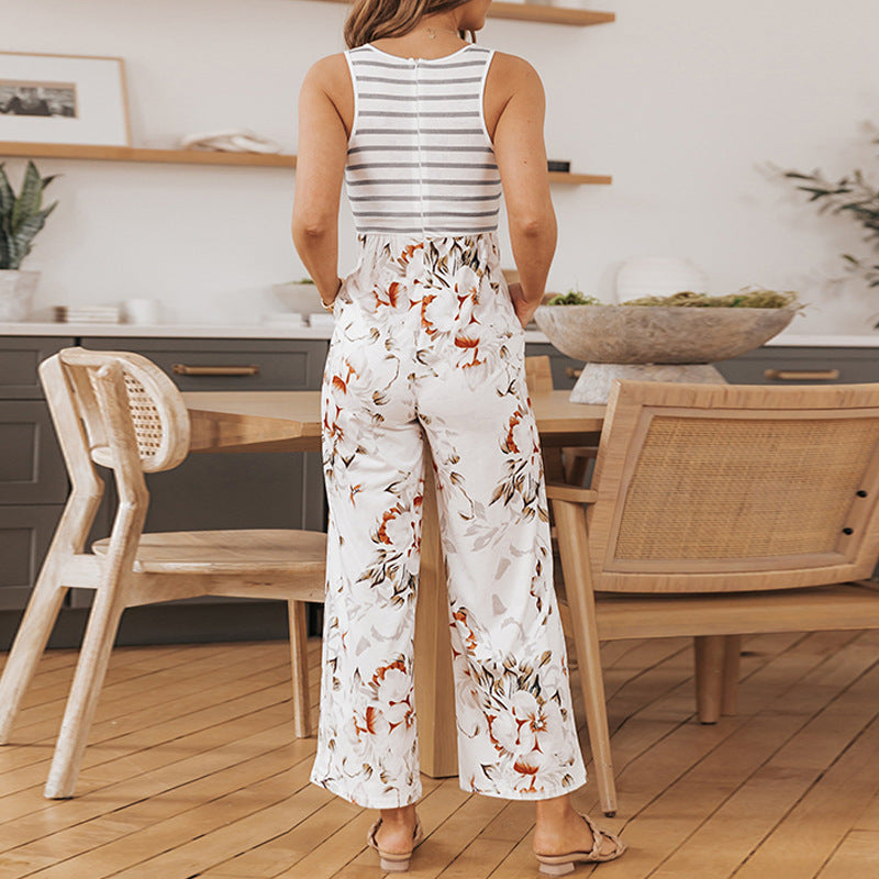 Striped Floral Pocket Sleeveless Jumpsuit