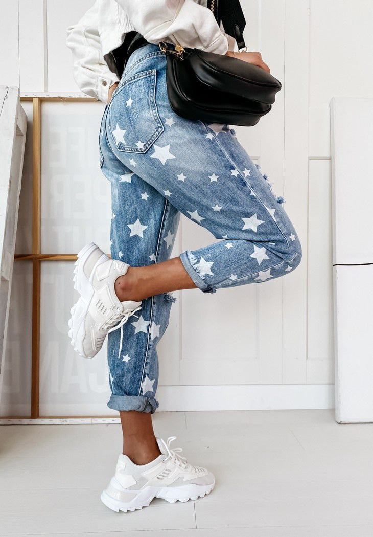 Star Print Ripped Denim Trousers