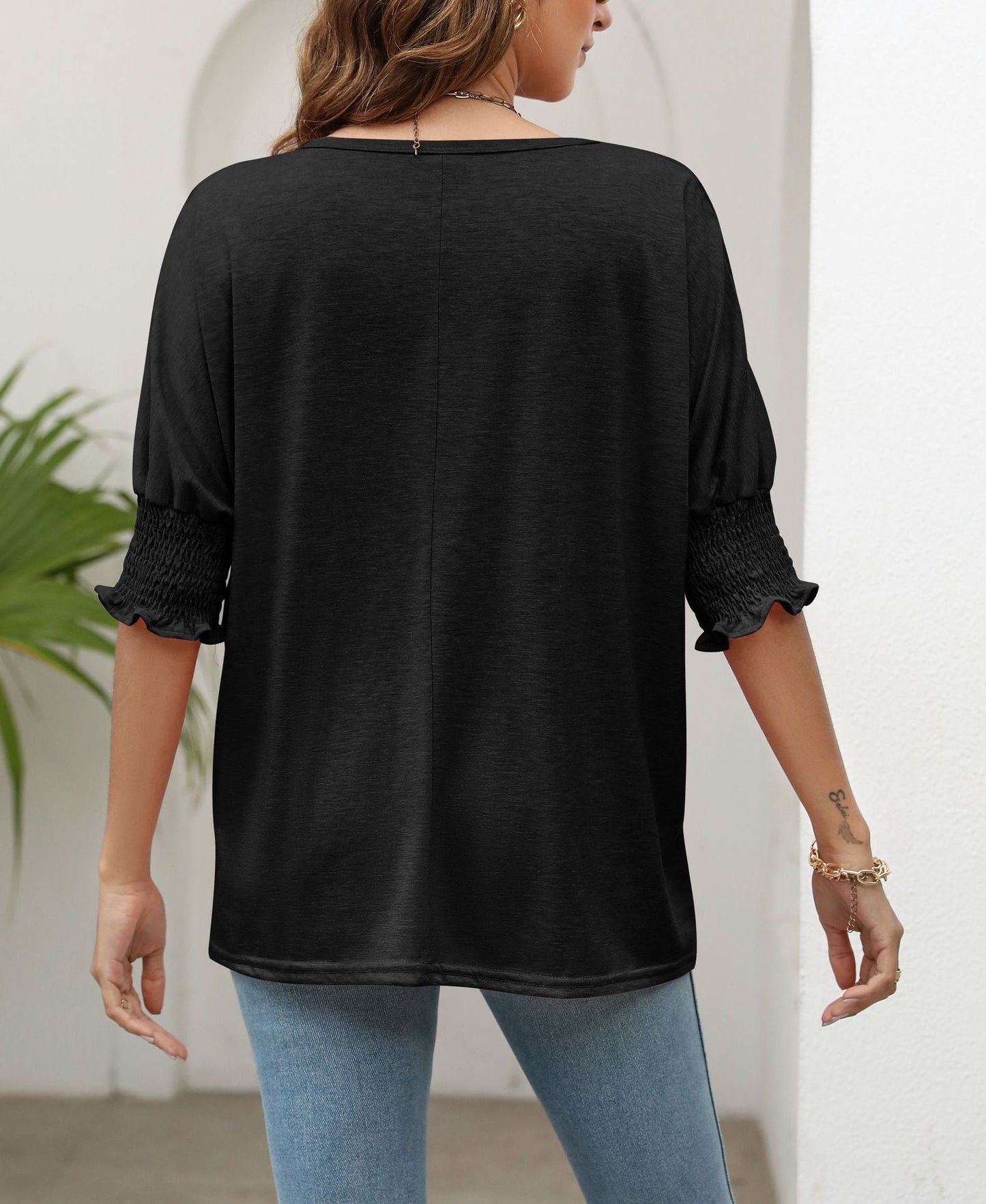 Plain Smocked 3/4 Sleeve Casual Loose T Shirt