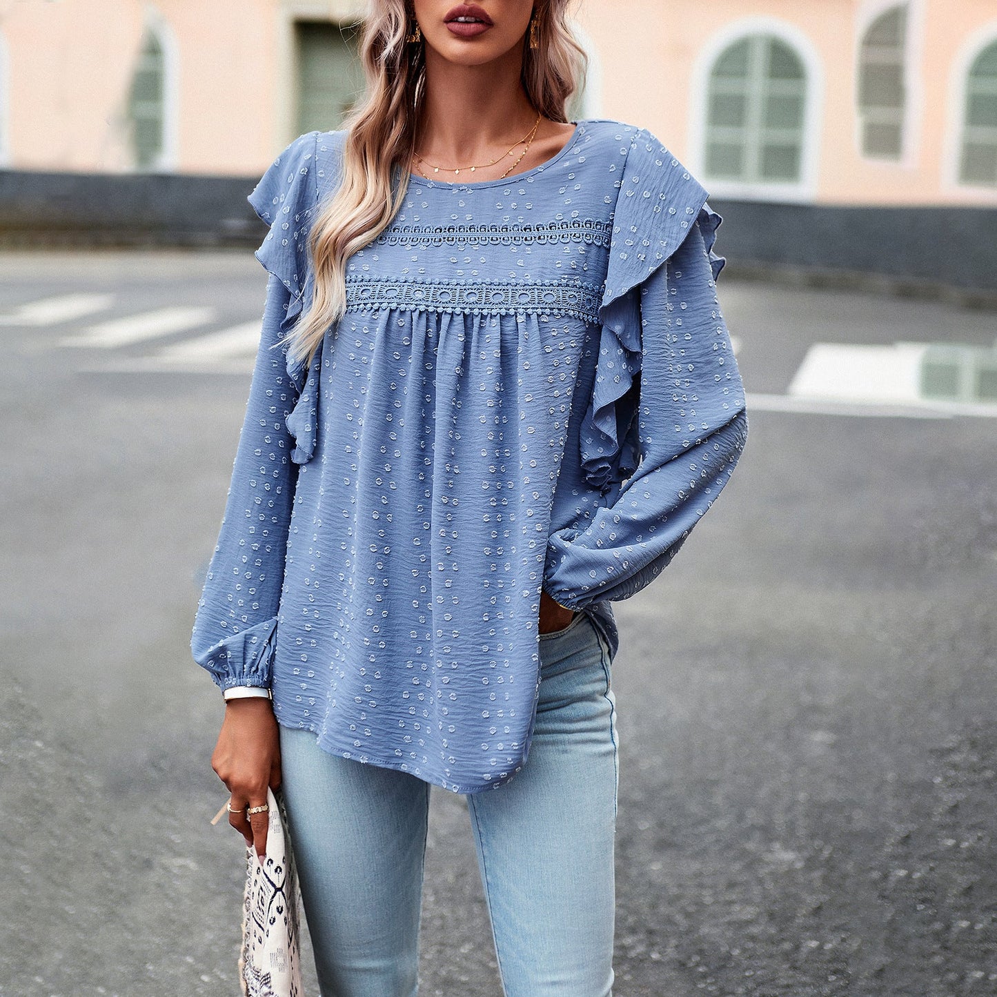 Lace Eyelet Ruffle Shoulder Long Sleeve Blouse