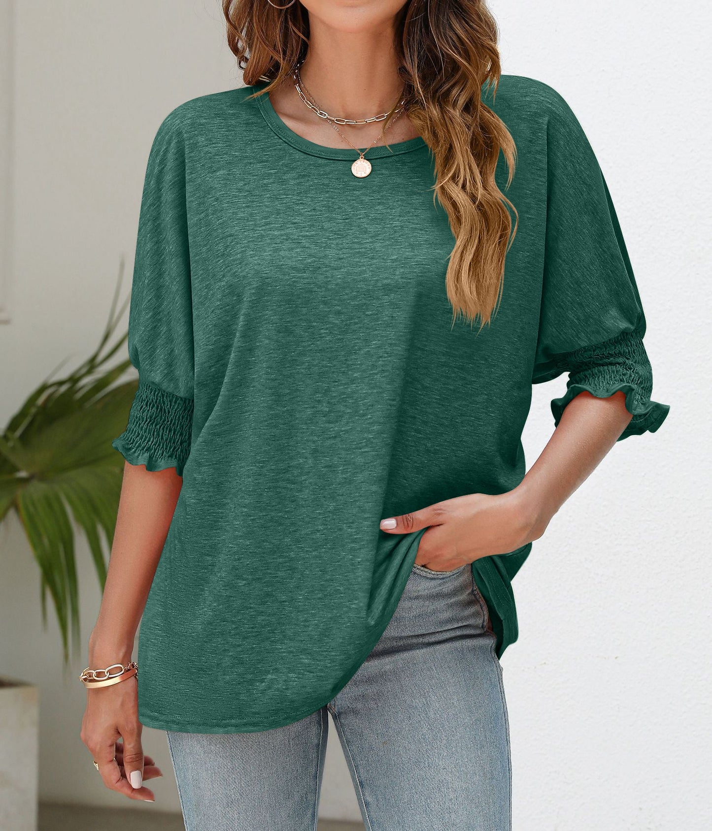 Plain Smocked 3/4 Sleeve Casual Loose T Shirt