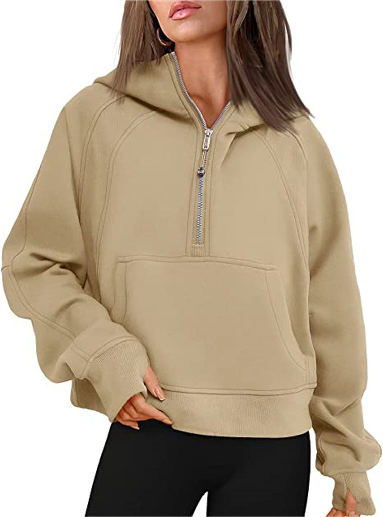 Half Zip Hooded Fleece Short Sweatshirt