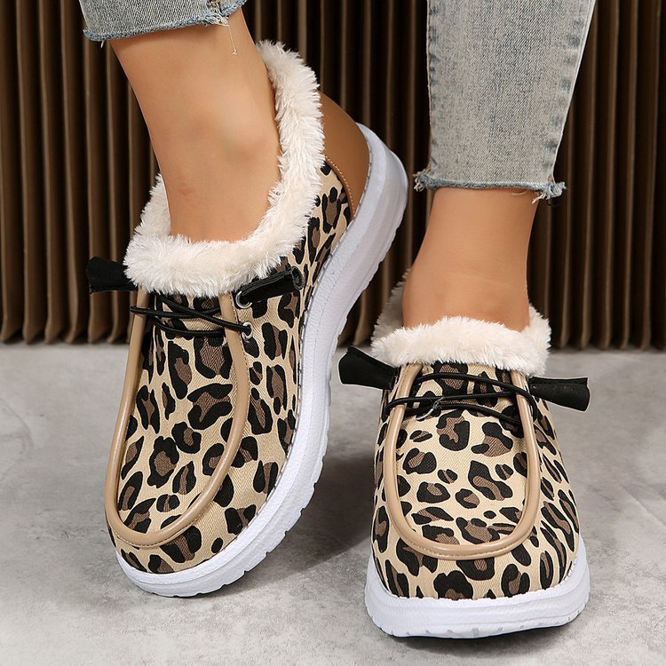 Leopard-Print Fleece Flat Slip-On Loafers