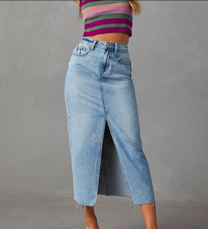 High Waist Mid Length Split Denim Skirt