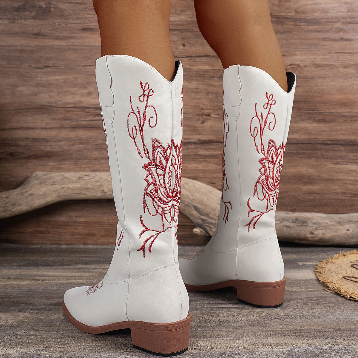 Bright White Leather Embroidered Western Cowgirl Boots