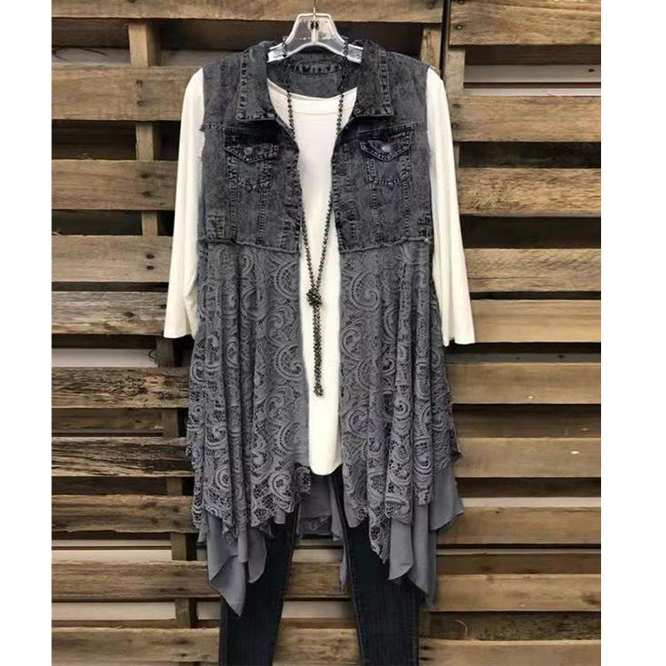 Lace Panel Denim Vest