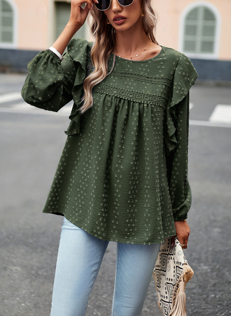 Lace Eyelet Ruffle Shoulder Long Sleeve Blouse