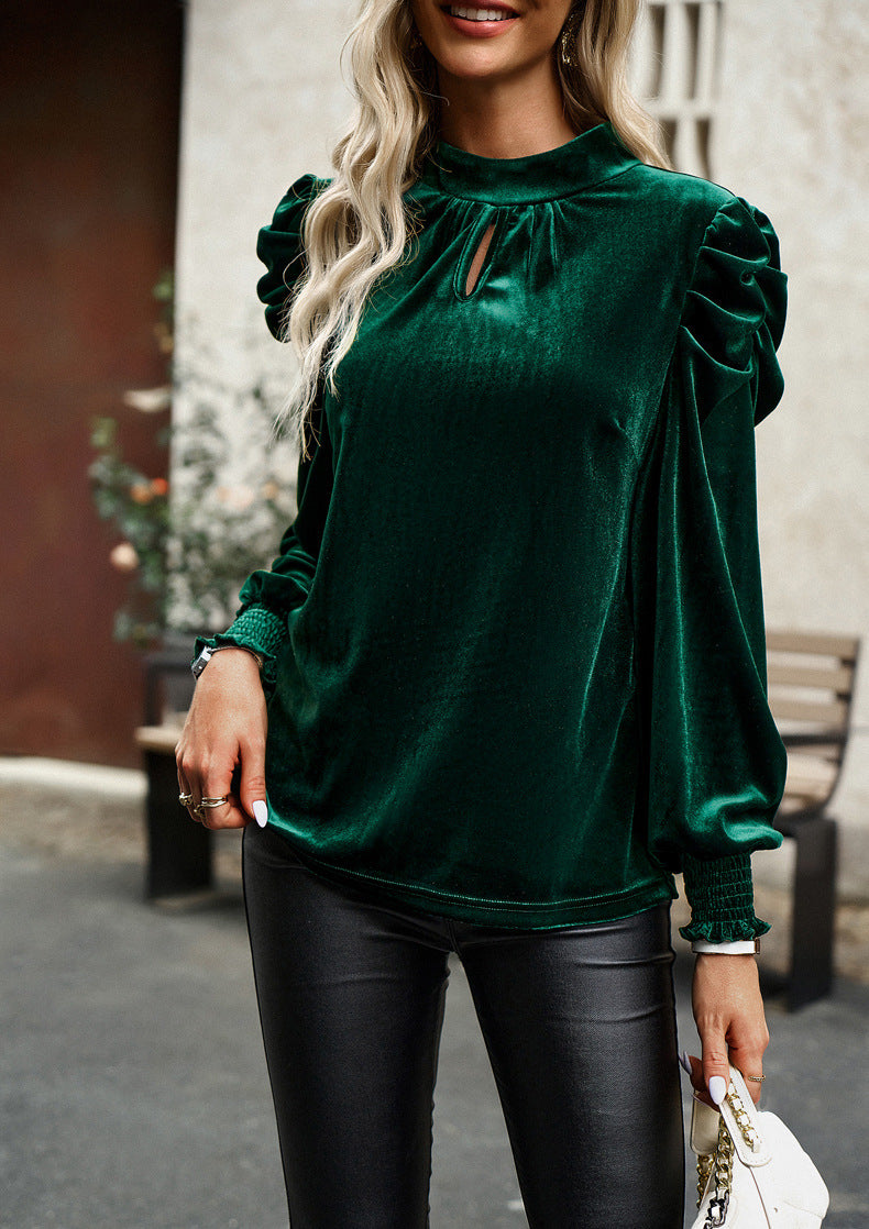 Mock Neck Puff Sleeve Velvet Blouse