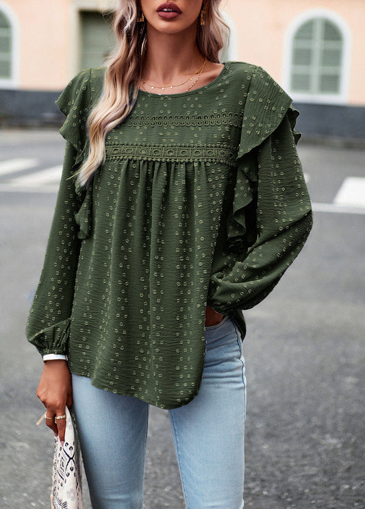 Lace Eyelet Ruffle Shoulder Long Sleeve Blouse