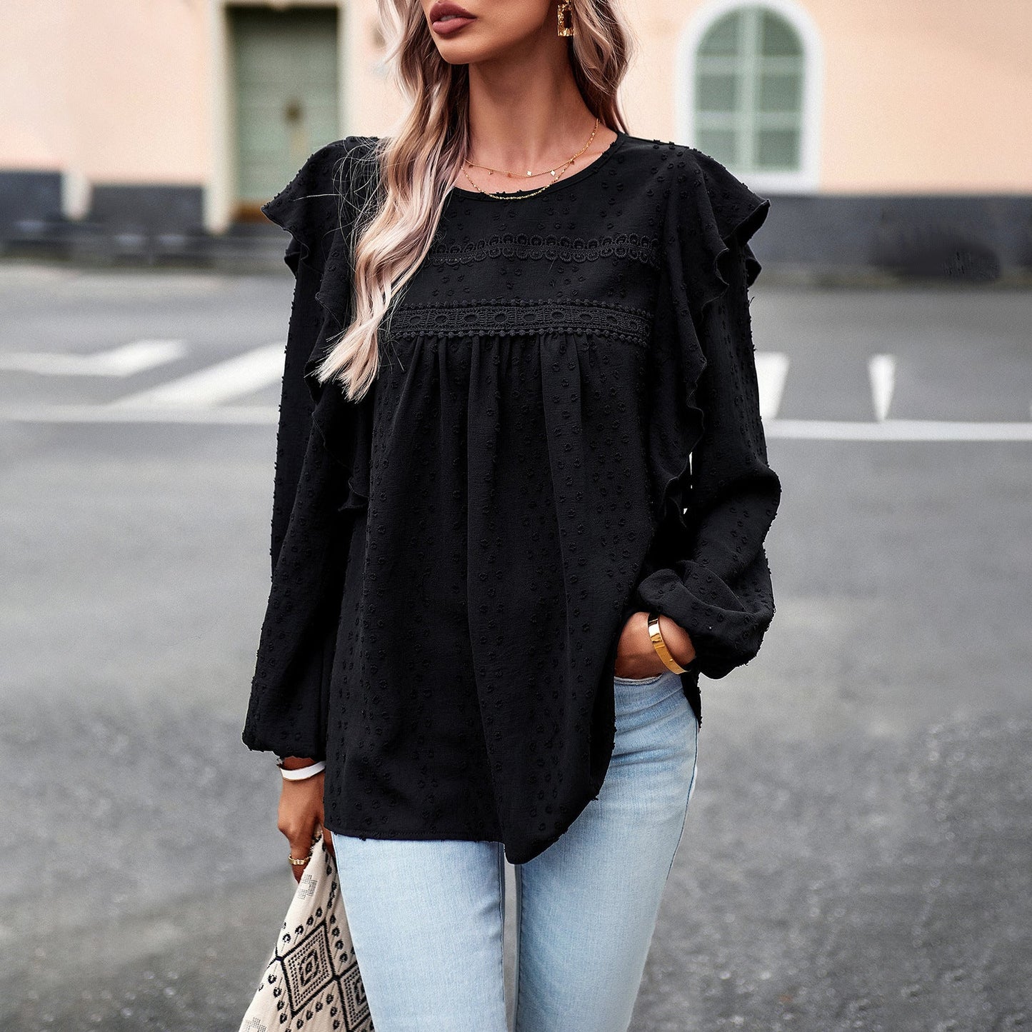 Lace Eyelet Ruffle Shoulder Long Sleeve Blouse