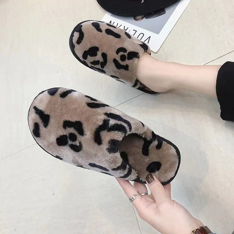 Leopard Plush Thick Cotton Slippers