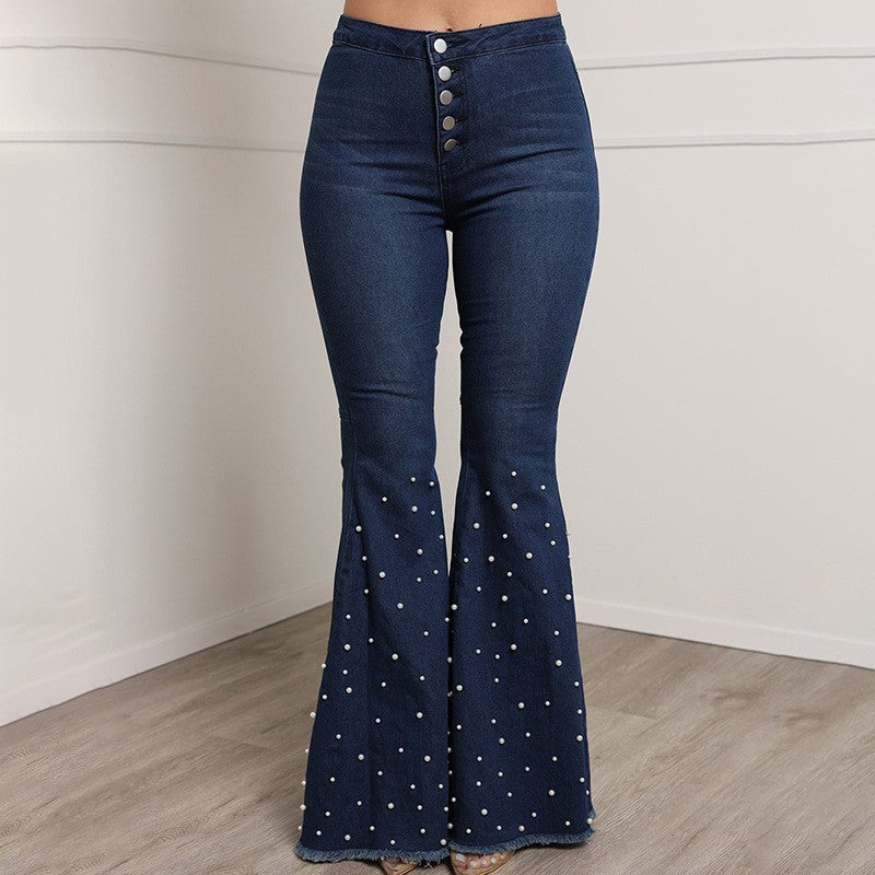 Beaded Stretch Denim Flared Pants