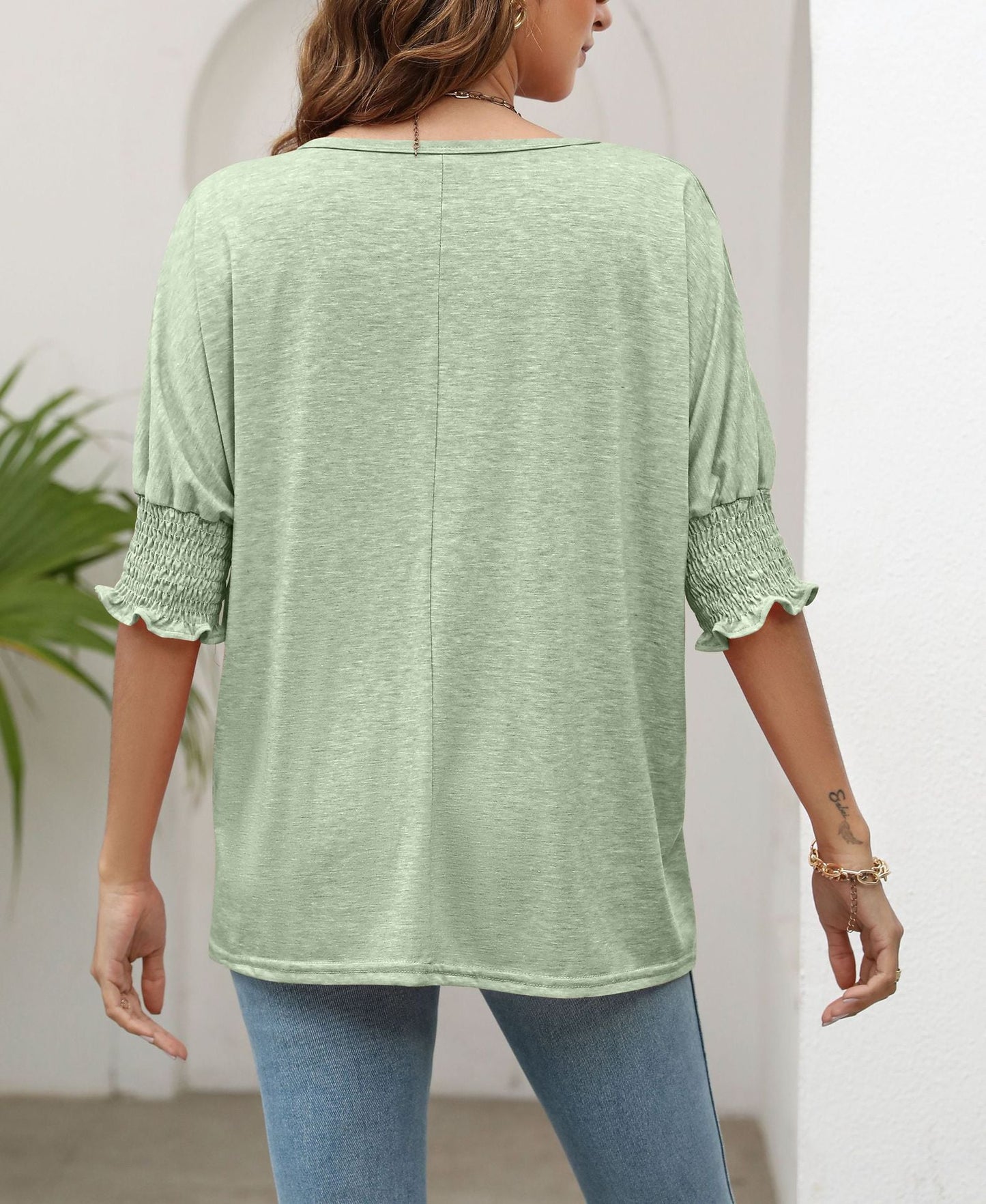 Plain Smocked 3/4 Sleeve Casual Loose T Shirt