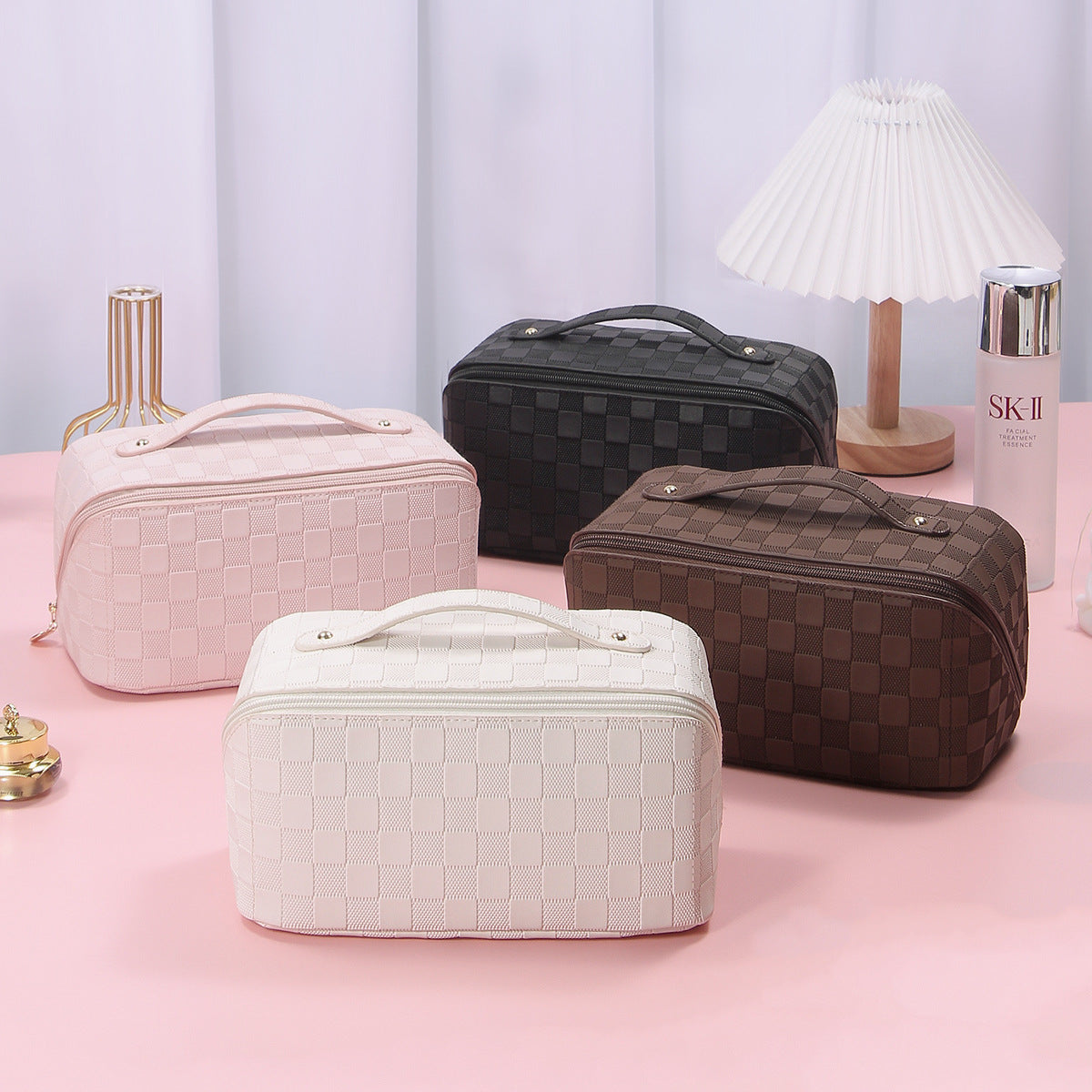 Checkered Multifunctional Cosmetic Bag