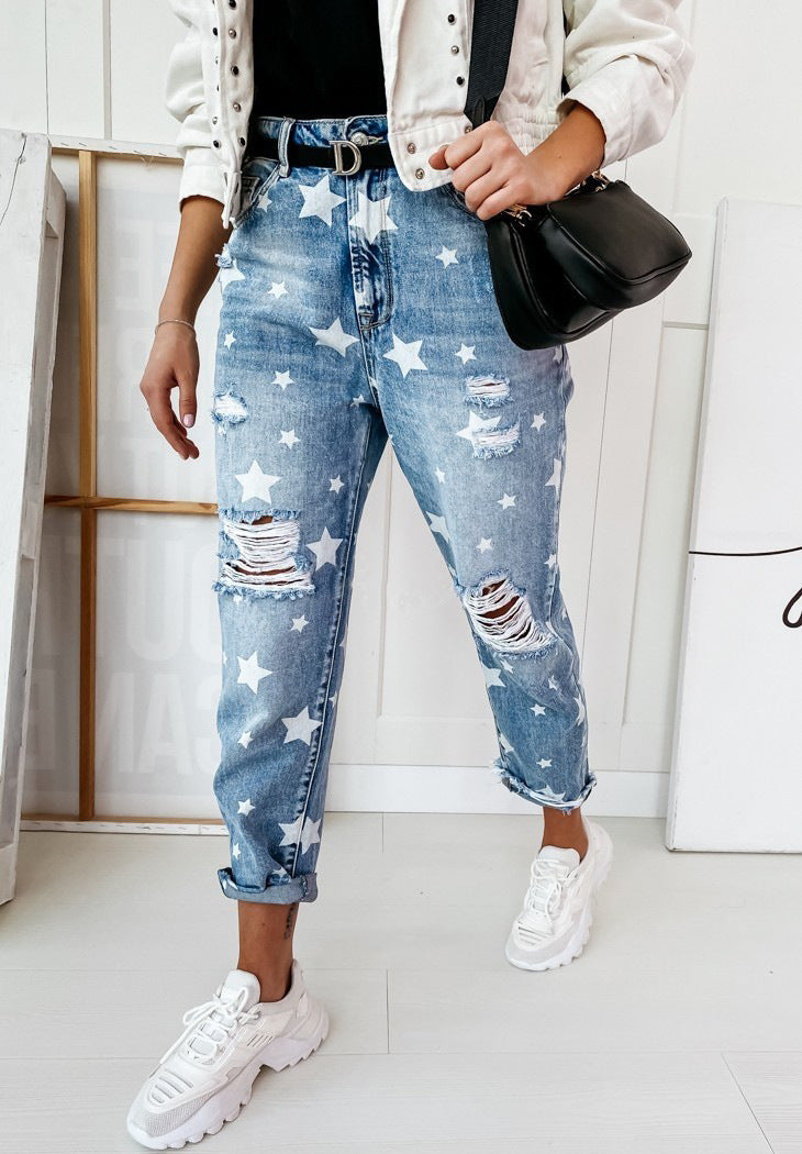 Star Print Ripped Denim Trousers