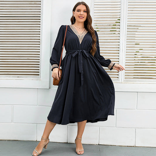 Plus Size V Neck Tie Waist Dress