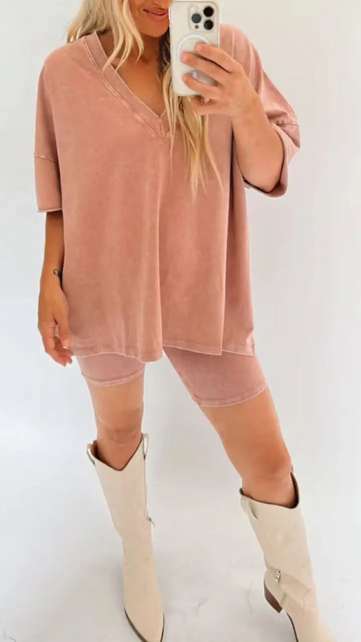 Solid Color Loose V-neck Comfy Set