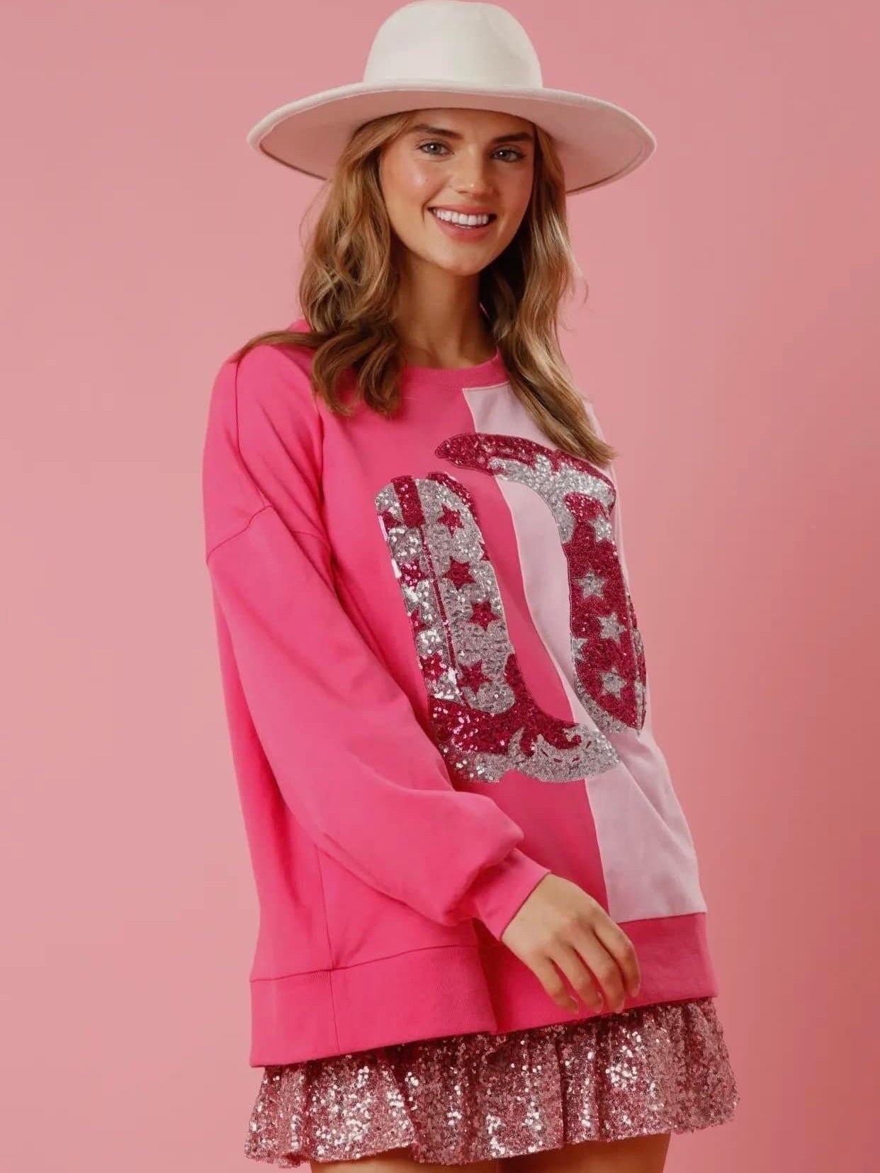 Valentine's Day Pink Boots Sequin Sweatshirt