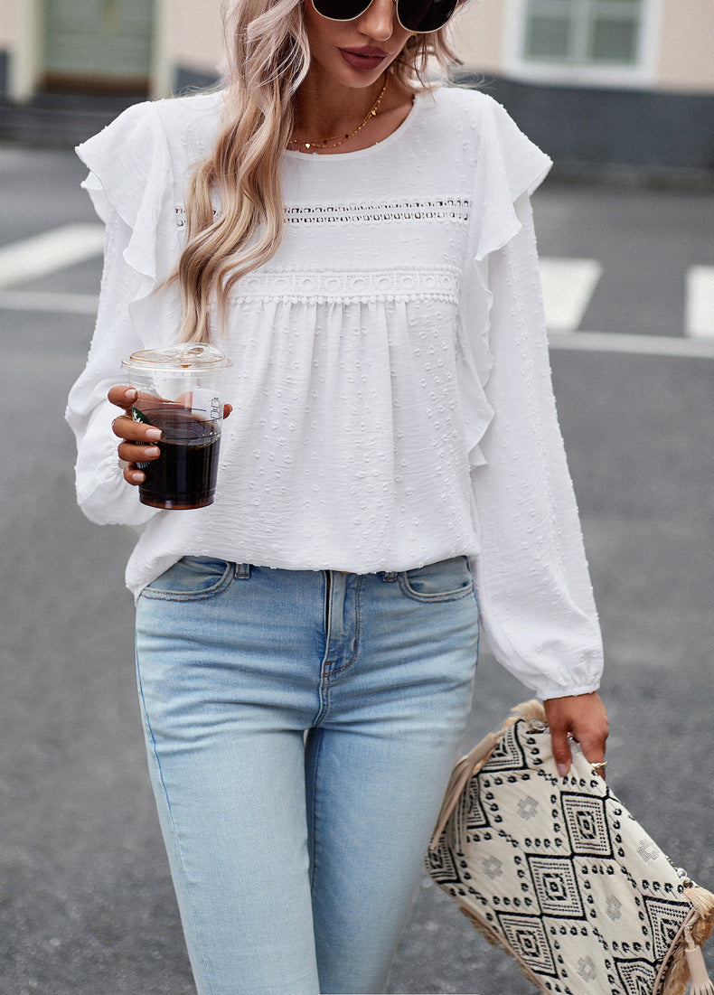 Lace Eyelet Ruffle Shoulder Long Sleeve Blouse