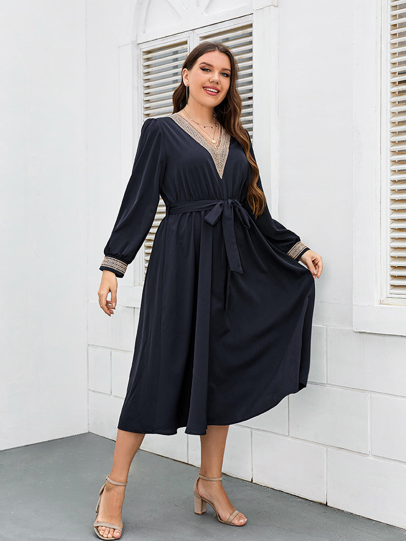 Plus Size V Neck Tie Waist Dress