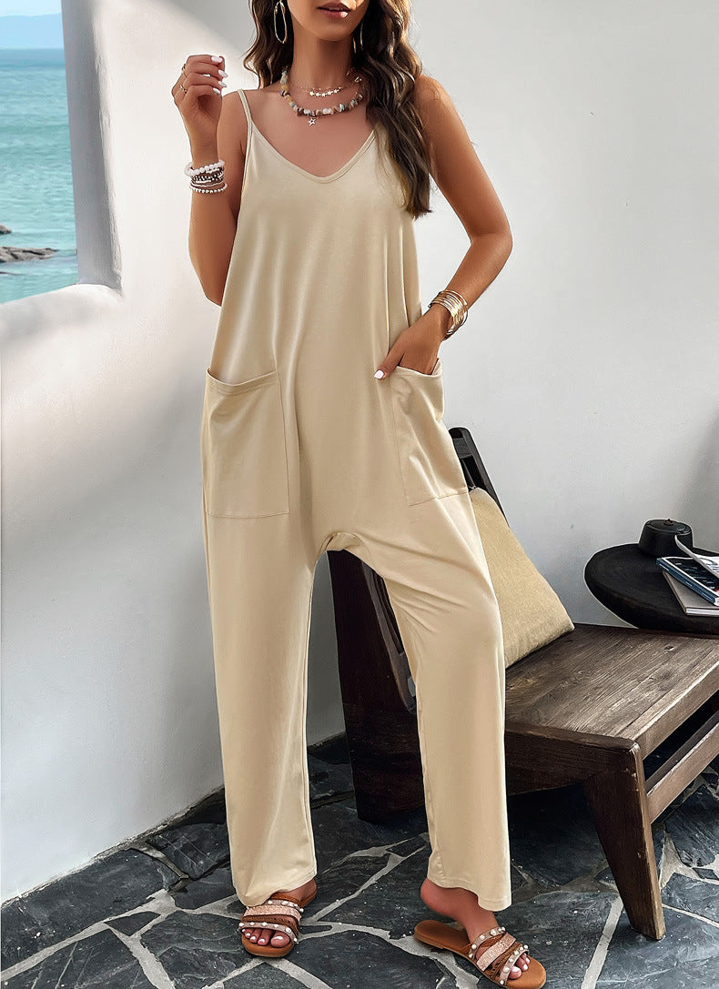 V Neck Loose Pockets Cami Jumpsuit