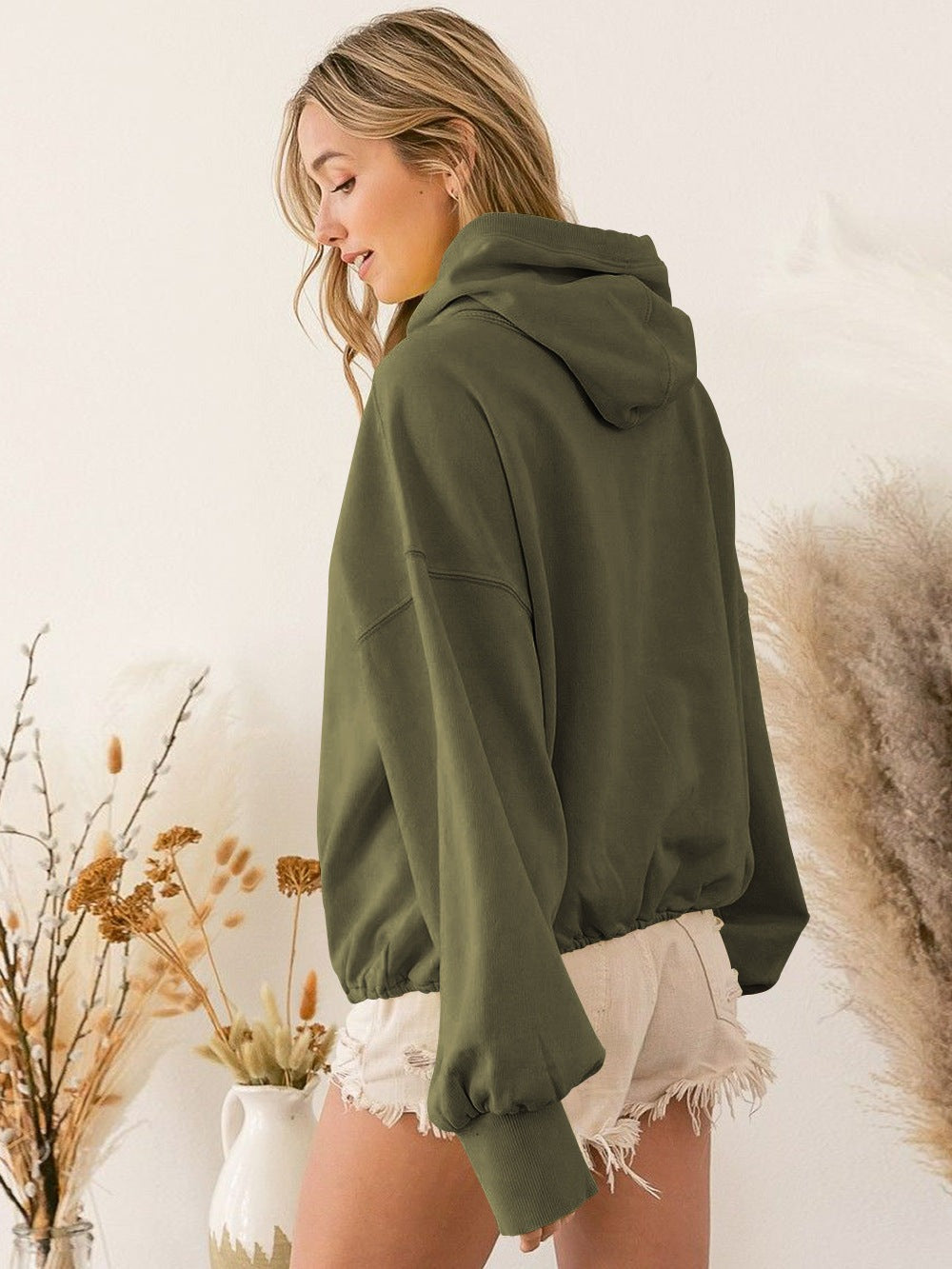 Solid Color Zipper Drawstring Hoodie