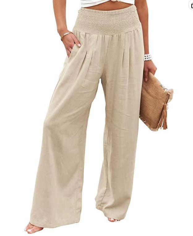 Cotton Linen Tight Waist Wide Leg Pants