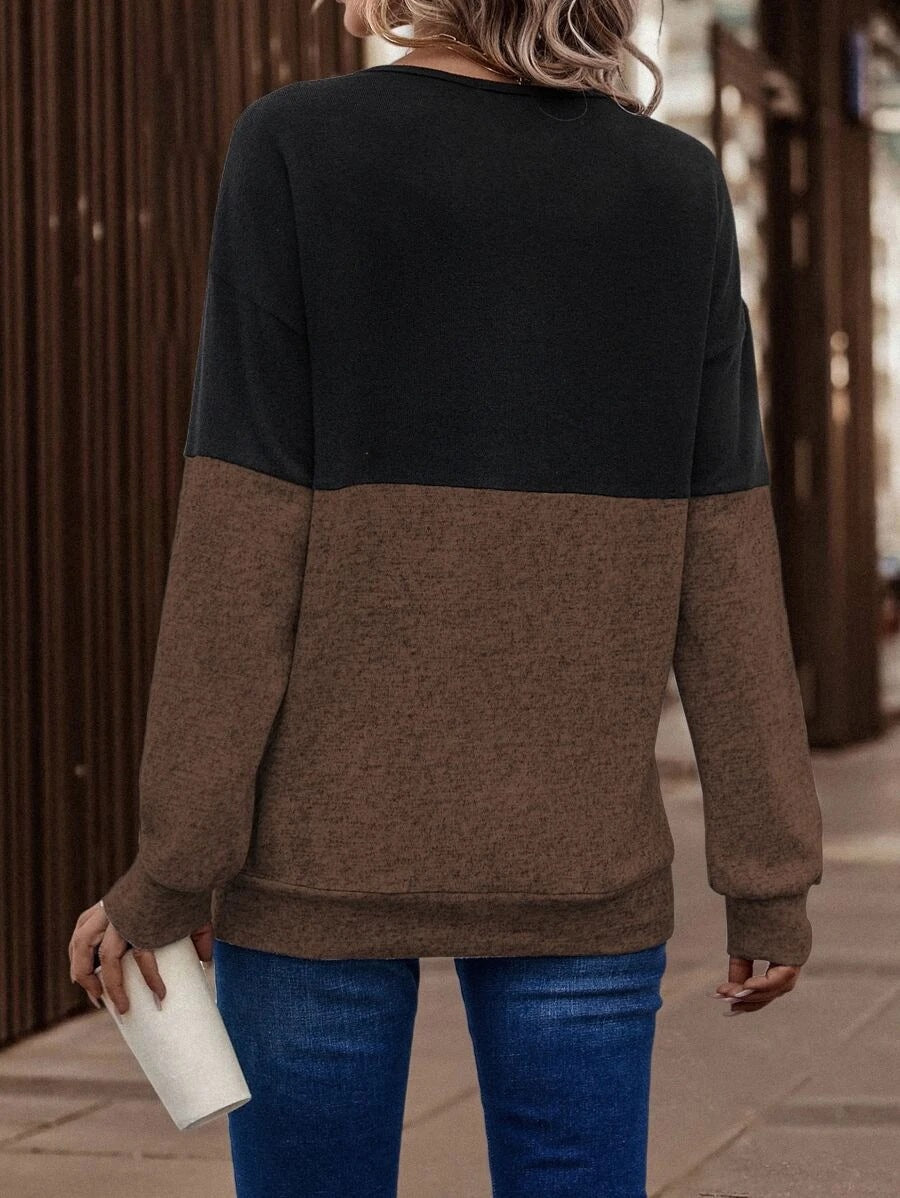 V-Neck Color Block Long Sleeve Top