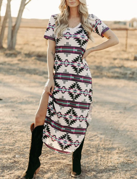 Western Geometric Pattern Maxi Dress