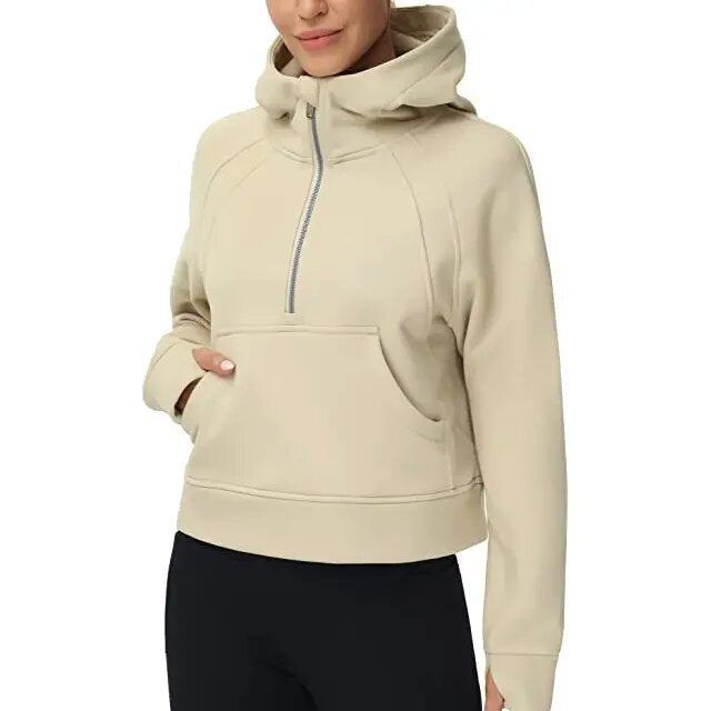 Half Zip Hooded Fleece Short Sweatshirt