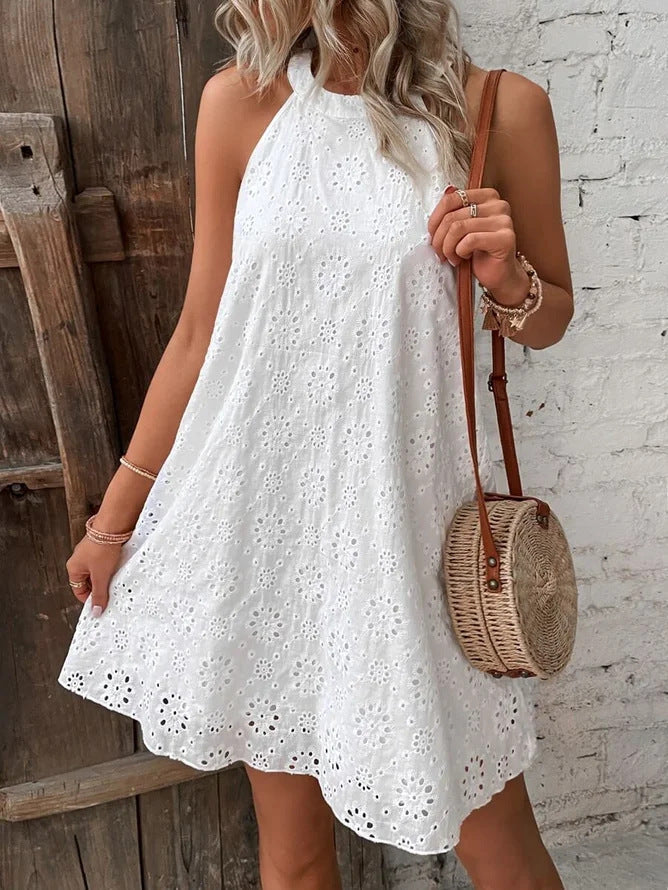 Boho Eyelet Pattern Halter Neck Sleeveless Dress