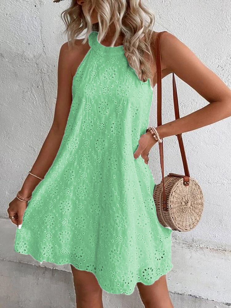 Boho Eyelet Pattern Halter Neck Sleeveless Dress