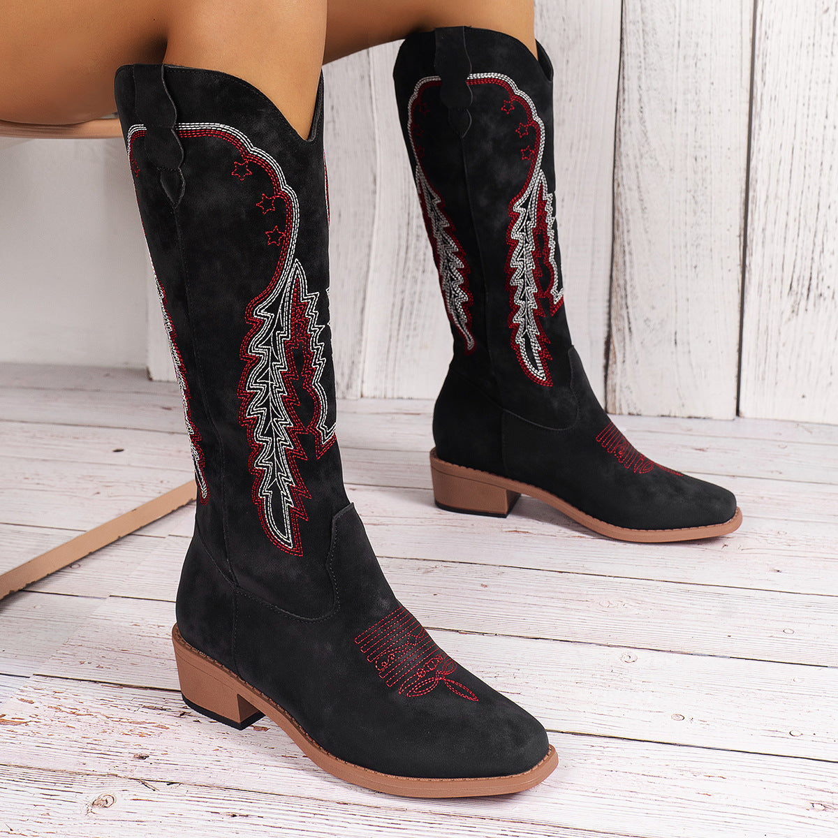 Embroidered Block Heel Boots