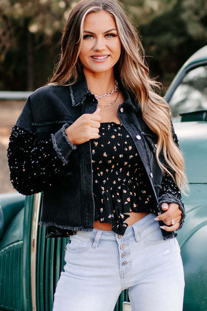 Sequin Sleeve Pocketed Raw Hem Denim Jacket