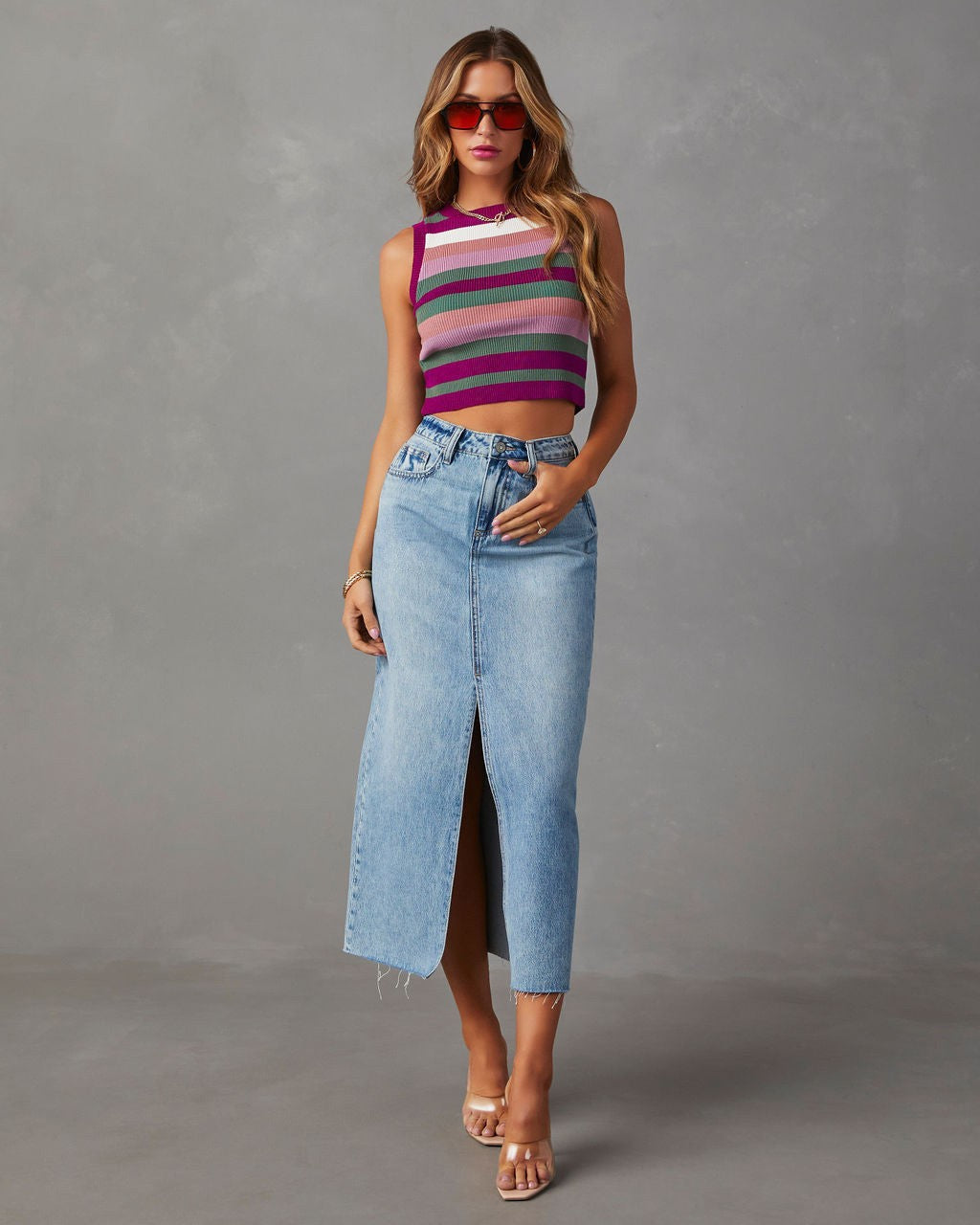 High Waist Mid Length Split Denim Skirt