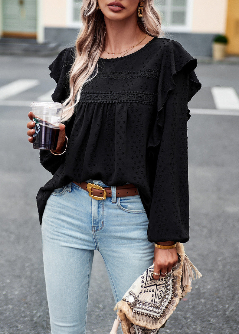 Lace Eyelet Ruffle Shoulder Long Sleeve Blouse