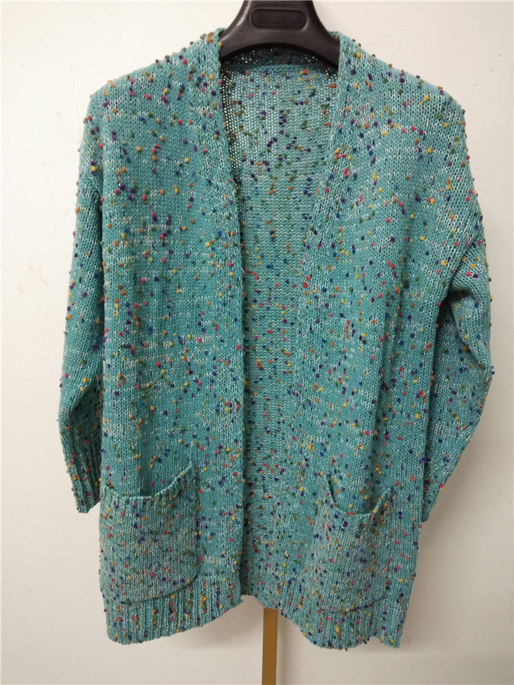 Color Dot Long Sleeve Pocket Sweater Cardigan