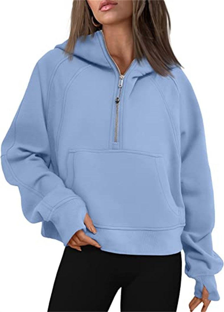 Half Zip Hooded Fleece Short Sweatshirt