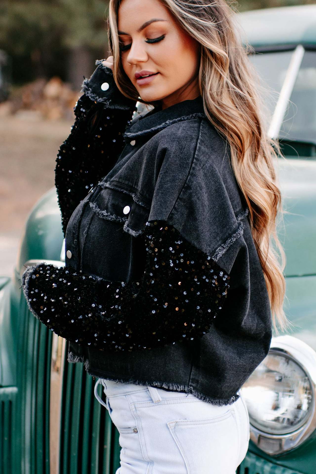 Sequin Sleeve Pocketed Raw Hem Denim Jacket