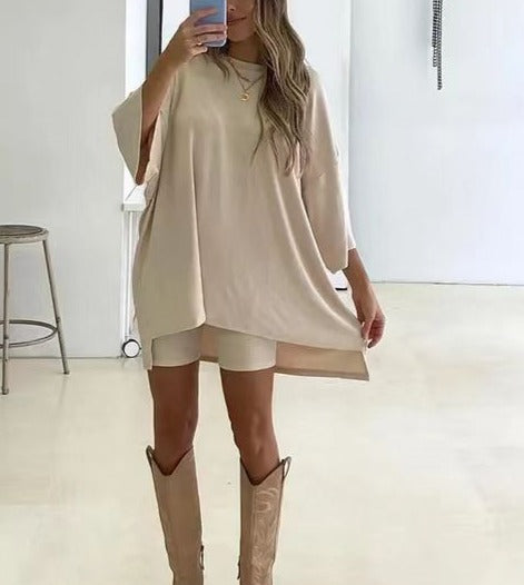 Casual Solid Color Loose T-shirt + Tight Shorts Set