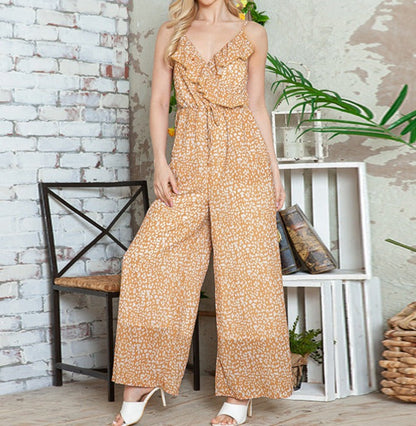 Leopard Print Ruffled V Neck Jumpsuit